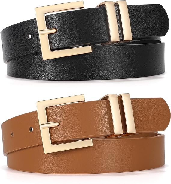 VONMELLI 2 Pack Leather Belts for Women Ladies Belts for Jeans Dress Pants Fashion Womens Leather Belt with Gold Buckle